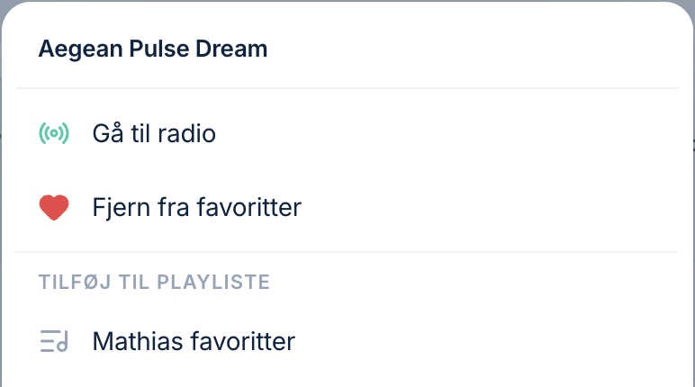 Menu med »Gå til radio«, favoritter og tilføj til playliste